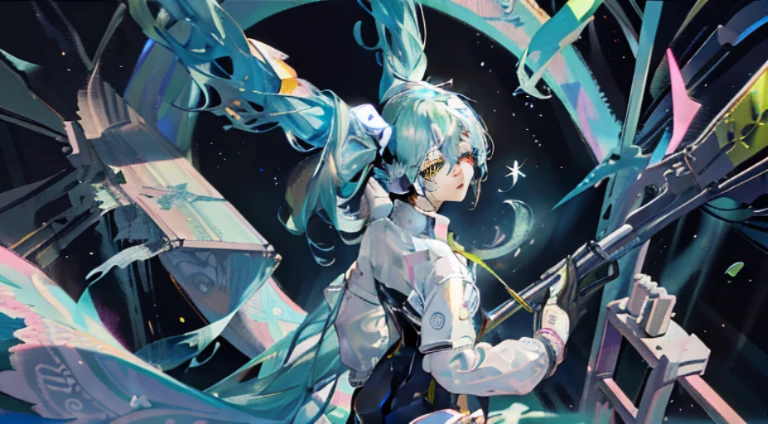 miku hatsune(Top image quality),(The work of the master),(ultra-detailliert),(Detailed depiction of the eyes:1.0),(lensflare:1.0),(Cinematic poster:1.0),(Tarot Border:1.0),Character Center,(a closeup:1.0),(negative space:0.8),(negative space:1.6),(独奏),(a colorful{the wind|water magic|inky|crystalline|icy|firey|loimu|Lightning|netting|boulders|Grit|Particle|brilliance|Bloods}:1.0),(Many colorful{Soap bubbles|​​clouds|thorn|spikes|vine|electric current|spirals|The halo|cube|octahedron}:1.0),(Planktonic{reddish|verdant|Green grass|Eau|Viola|yellow|A black|blanche|greys|pink there|an orange|lime} {bow ribbon|pluma|Particle|edg|The drops|Snowflake|softball}:1.0),({crystalline|icy|firey|loimu|the wind|Eau|planet earth|stony|spaces|musical|sonic|swirls} {Magic}:1.0), ({Ray traching,Glowering|Mottled sunbeams,llight rays,Caustics|The night is mysterious,eery|Carefree,pastels}:1.2), ({Colorful|Irridescent color|multi colored}:1.0),(beautiful detailed brilliance:1.0),({Slouched|back-view|tilted to the side|}:1.2),{ (A smile:1.0)|(a smirk:1.0)|(grim facial expression:1.0)},({Has a small|Has a small||s lips、Eye lashes}:1.0),{grinning evily|:1.2},({Eyelashes|eyeshadows||}),{Close one eye|||},({Red|Green|Blue|aqua|Purple|yellow|Black|white|greys|Pink|orange|lime} hair:1.4 ),({Short|long|Medium} hair:1.0),({frombelow|From  above|From Side|from the rear|Front Viewer}:1.3),(aureola:1.3),(tilt of the head:1.0),(dynamicposes:1.1),(Asymmetrical hair:1.2),({reddish|verdant|Green grass|Eau|Viola|yellow|A black|blanche|greys|pink there|an orange|lime} {|doress|outfits}:1.0),({Formal|Military|tech wear|Urban style|casual,dressed casually|Fantasy,magician|Sauvage,tribal|scientific fiction,Futuristic}),({plaid skirts|layered skirts|Puffy dress|tights|trouser|shortpants}),({reddish|verdant|Green grass|Eau|Viola|yellow|A black|blanche|greys|pink there|an orange|lime} {The eye|The eye|collofull eyes}:1.4),{(brow:1.5),asymmetrical bangs|oblique bangs|hair between eye|bluntbangs|swept bangs}