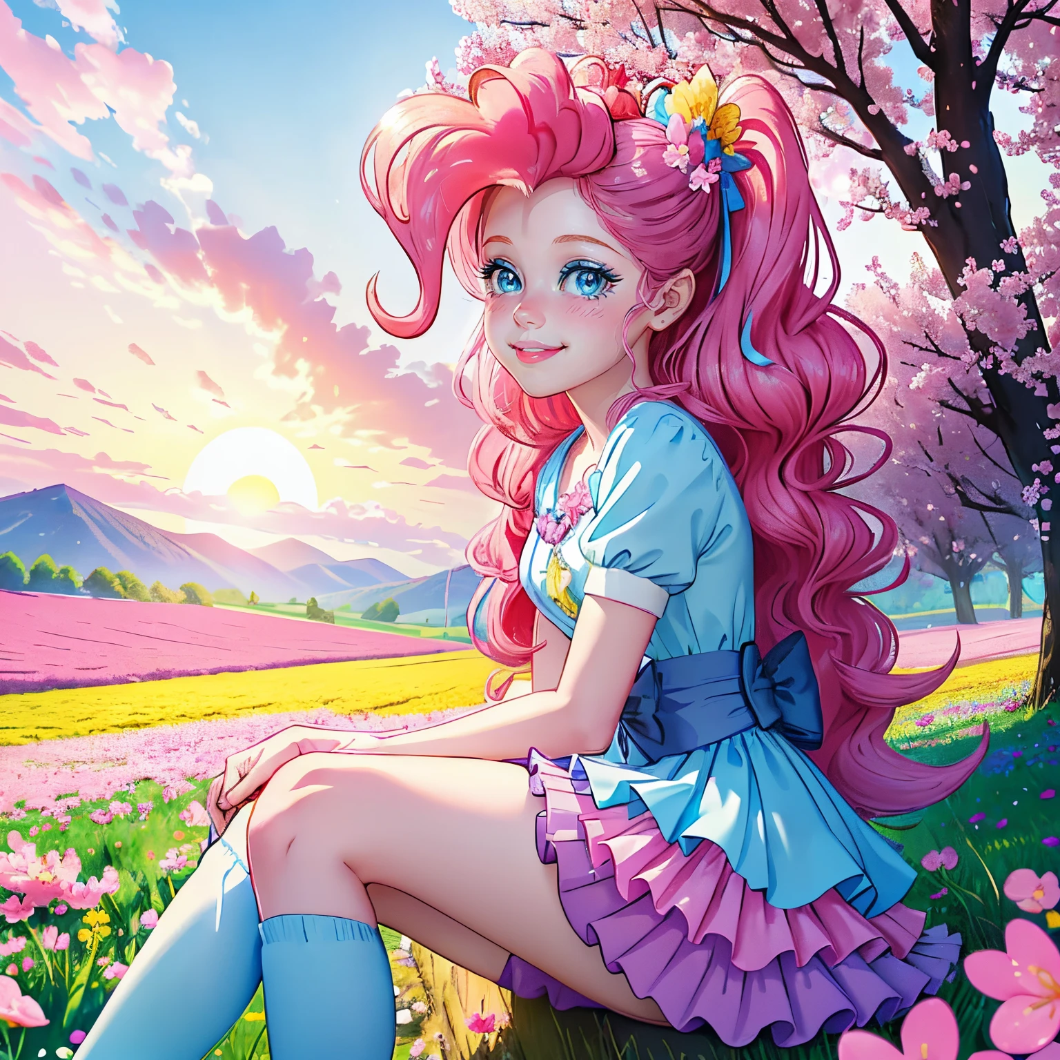 My little pony pinkie pie, pinkie pie, pinkie pie in the form of a girl, long dark pink hair, blue eyes, long pink and blue frilly dress, white frilly thigh high, small pink heels, blue sky, pink clouds, ((sitting in a pink and blue flower field)), staring at viewers, (light pink skin 1.5), soft blush, happy smile, soft smile, holding flowers, blue balloons flying everywhere, ((sunrise 1.0)), highly detailed lighting, yellow light, in a beautiful flower field, pink and blue flowers everywhere, blue eyeshadow (( BLUE EYES 2.0 )), flowers everywhere, SITTING UNDER A TREE HOLDING FLOWERS, pink skin, bubbles and ballon all around, cherry blossoms trees everywhere, in a cherry blossom forest, ( ultra realistic nature highly detailed cherry tress 4k ), extremely long beautiful hair, holding so much flowers