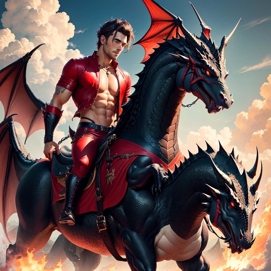 Realistic sexy men wearing red underwear riding a black dragon in the sky. The man holding iPhone in right hand.