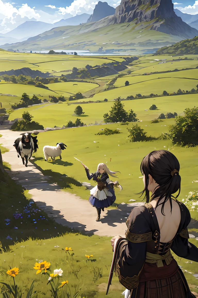 Final Fantasy 11 world、Ronfort、Irish Dance、irish music、irish costume、country girl、idyllic scenery、Steppe zone、Sheep、Border collie、