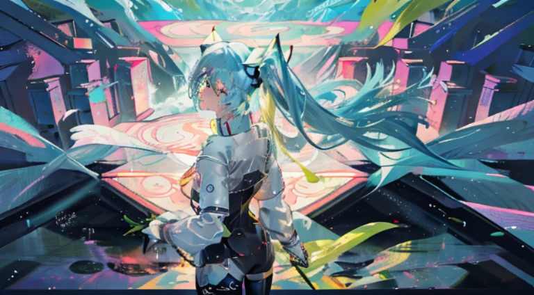 miku hatsune(Top image quality),(The work of the master),(ultra-detailliert),(Detailed depiction of the eyes:1.0),(lensflare:1.0),(Cinematic poster:1.0),(Tarot Border:1.0),Character Center,(a closeup:1.0),(negative space:0.8),(negative space:1.6),(独奏),(a colorful{the wind|water magic|inky|crystalline|icy|firey|loimu|Lightning|netting|boulders|Grit|Particle|brilliance|Bloods}:1.0),(Many colorful{Soap bubbles|​​clouds|thorn|spikes|vine|electric current|spirals|The halo|cube|octahedron}:1.0),(Planktonic{reddish|verdant|Green grass|Eau|Viola|yellow|A black|blanche|greys|pink there|an orange|lime} {bow ribbon|pluma|Particle|edg|The drops|Snowflake|softball}:1.0),({crystalline|icy|firey|loimu|the wind|Eau|planet earth|stony|spaces|musical|sonic|swirls} {Magic}:1.0), ({Ray traching,Glowering|Mottled sunbeams,llight rays,Caustics|The night is mysterious,eery|Carefree,pastels}:1.2), ({Colorful|Irridescent color|multi colored}:1.0),(beautiful detailed brilliance:1.0),({Slouched|back-view|tilted to the side|}:1.2),{ (A smile:1.0)|(a smirk:1.0)|(grim facial expression:1.0)},({Has a small|Has a small||s lips、Eye lashes}:1.0),{grinning evily|:1.2},({Eyelashes|eyeshadows||}),{Close one eye|||},({Red|Green|Blue|aqua|Purple|yellow|Black|white|greys|Pink|orange|lime} hair:1.4 ),({Short|long|Medium} hair:1.0),({frombelow|From  above|From Side|from the rear|Front Viewer}:1.3),(aureola:1.3),(tilt of the head:1.0),(dynamicposes:1.1),(Asymmetrical hair:1.2),({reddish|verdant|Green grass|Eau|Viola|yellow|A black|blanche|greys|pink there|an orange|lime} {|doress|outfits}:1.0),({Formal|Military|tech wear|Urban style|casual,dressed casually|Fantasy,magician|Sauvage,tribal|scientific fiction,Futuristic}),({plaid skirts|layered skirts|Puffy dress|tights|trouser|shortpants}),({reddish|verdant|Green grass|Eau|Viola|yellow|A black|blanche|greys|pink there|an orange|lime} {The eye|The eye|collofull eyes}:1.4),{(brow:1.5),asymmetrical bangs|oblique bangs|hair between eye|bluntbangs|swept bangs},{Bl}