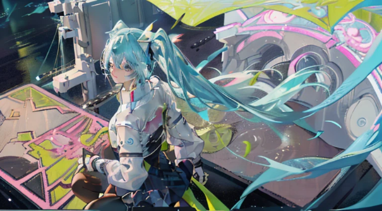 miku hatsune(Top image quality),(The work of the master),(ultra-detailliert),(Detailed depiction of the eyes:1.0),(lensflare:1.0),(Cinematic poster:1.0),(Tarot Border:1.0),Character Center,(a closeup:1.0),(negative space:0.8),(negative space:1.6),(独奏),(a colorful{the wind|water magic|inky|crystalline|icy|firey|loimu|Lightning|netting|boulders|Grit|Particle|brilliance|Bloods}:1.0),(Many colorful{Soap bubbles|​​clouds|thorn|spikes|vine|electric current|spirals|The halo|cube|octahedron}:1.0),(Planktonic{reddish|verdant|Green grass|Eau|Viola|yellow|A black|blanche|greys|pink there|an orange|lime} {bow ribbon|pluma|Particle|edg|The drops|Snowflake|softball}:1.0),({crystalline|icy|firey|loimu|the wind|Eau|planet earth|stony|spaces|musical|sonic|swirls} {Magic}:1.0), ({Ray traching,Glowering|Mottled sunbeams,llight rays,Caustics|The night is mysterious,eery|Carefree,pastels}:1.2), ({Colorful|Irridescent color|multi colored}:1.0),(beautiful detailed brilliance:1.0),({Slouched|back-view|tilted to the side|}:1.2),{ (A smile:1.0)|(a smirk:1.0)|(grim facial expression:1.0)},({Has a small|Has a small||s lips、Eye lashes}:1.0),{grinning evily|:1.2},({Eyelashes|eyeshadows||}),{Close one eye|||},({Red|Green|Blue|aqua|Purple|yellow|Black|white|greys|Pink|orange|lime} hair:1.4 ),({Short|long|Medium} hair:1.0),({frombelow|From  above|From Side|from the rear|Front Viewer}:1.3),(aureola:1.3),(tilt of the head:1.0),(dynamicposes:1.1),(Asymmetrical hair:1.2),({reddish|verdant|Green grass|Eau|Viola|yellow|A black|blanche|greys|pink there|an orange|lime} {|doress|outfits}:1.0),({Formal|Military|tech wear|Urban style|casual,dressed casually|Fantasy,magician|Sauvage,tribal|scientific fiction,Futuristic}),({plaid skirts|layered skirts|Puffy dress|tights|trouser|shortpants}),({reddish|verdant|Green grass|Eau|Viola|yellow|A black|blanche|greys|pink there|an orange|lime} {The eye|The eye|collofull eyes}:1.4),{(brow:1.5),asymmetrical bangs|oblique bangs|hair between eye|bluntbangs|swept bangs},{Bl}