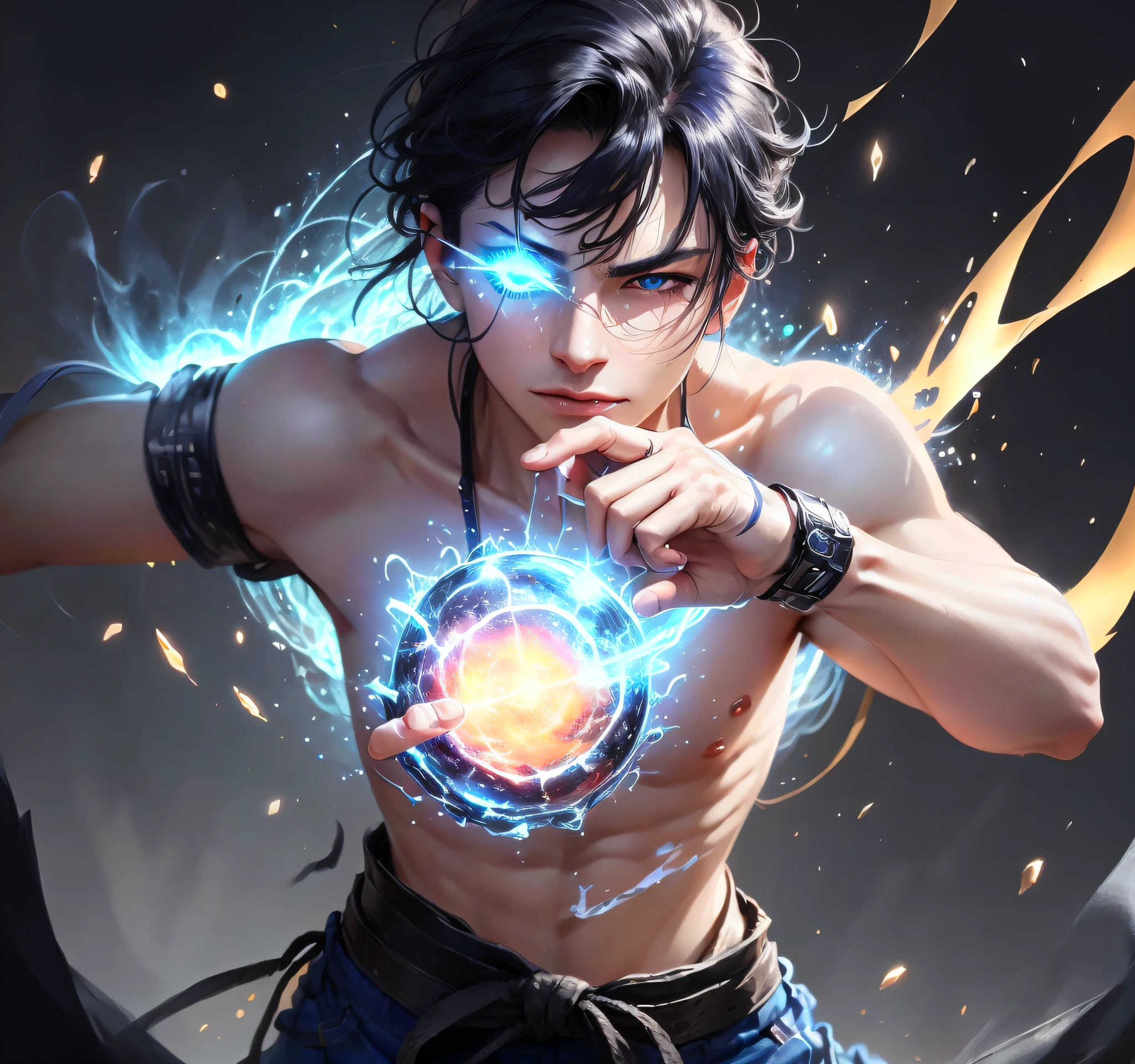 Put 10 rings on your hand、(((A man in a martial arts stance))),Dark blue hair, black tank top and blue pants, ((top-quality、in 8K、masterpiece:1.3))、, (Photo RAW, Better Quality), (realist, Photorealista: 1.3), masterpiece, Exercise and the male body, Hairless face,ighly detailed, nffsw, units, 2k wallpaper, 8k wallpaper, The file size is huge, ultra-detailliert, hight resolution, absurderes, Soft light, skin tanned, Detailed finger, extremely detailed eye and face, beautiful detailed nose, beatiful detailed eyes, Facial light, look at viewr, (25 year old male), Lifelike face, Realistic body, blue and ring background.HD lighting and darkness )<=(Spectacular image quality)blue atmosphere with bright particle light(Many effects of the background)