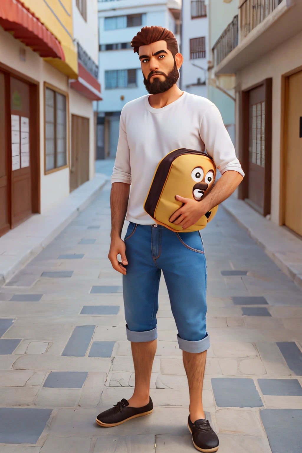 Homem, 25 anos, alto, cabelos pretos, barba preenchida, olhos azuis, camiseta preta, sapatos brancos, andando na rua