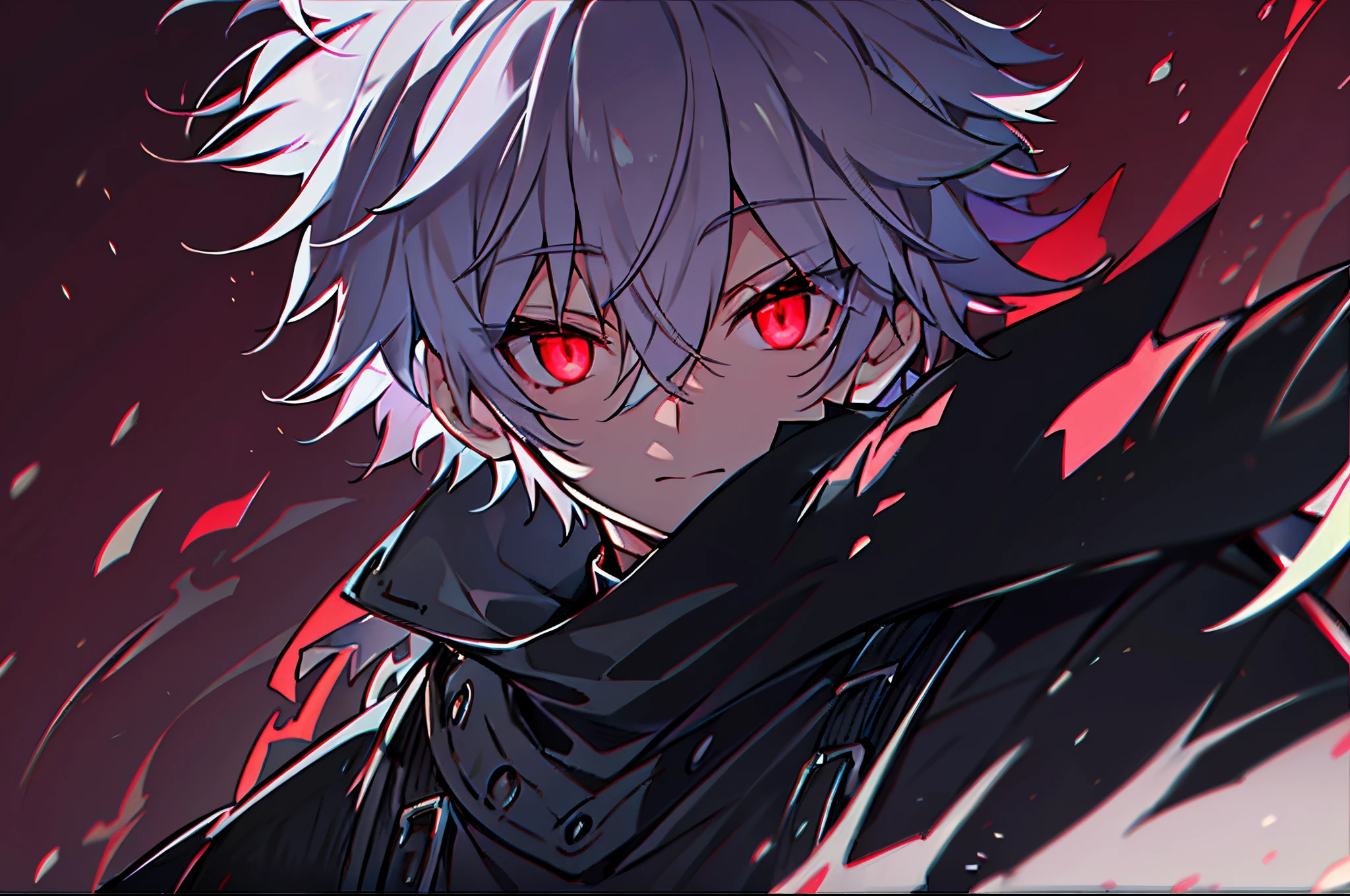 hight resolution,close range、Anime boy with white hair and red eyes staring at camera, Glowing red eyes,slim, dressed in a black outfit,Shadow Body,colorful backdrop,hair messy, Diagonal angle