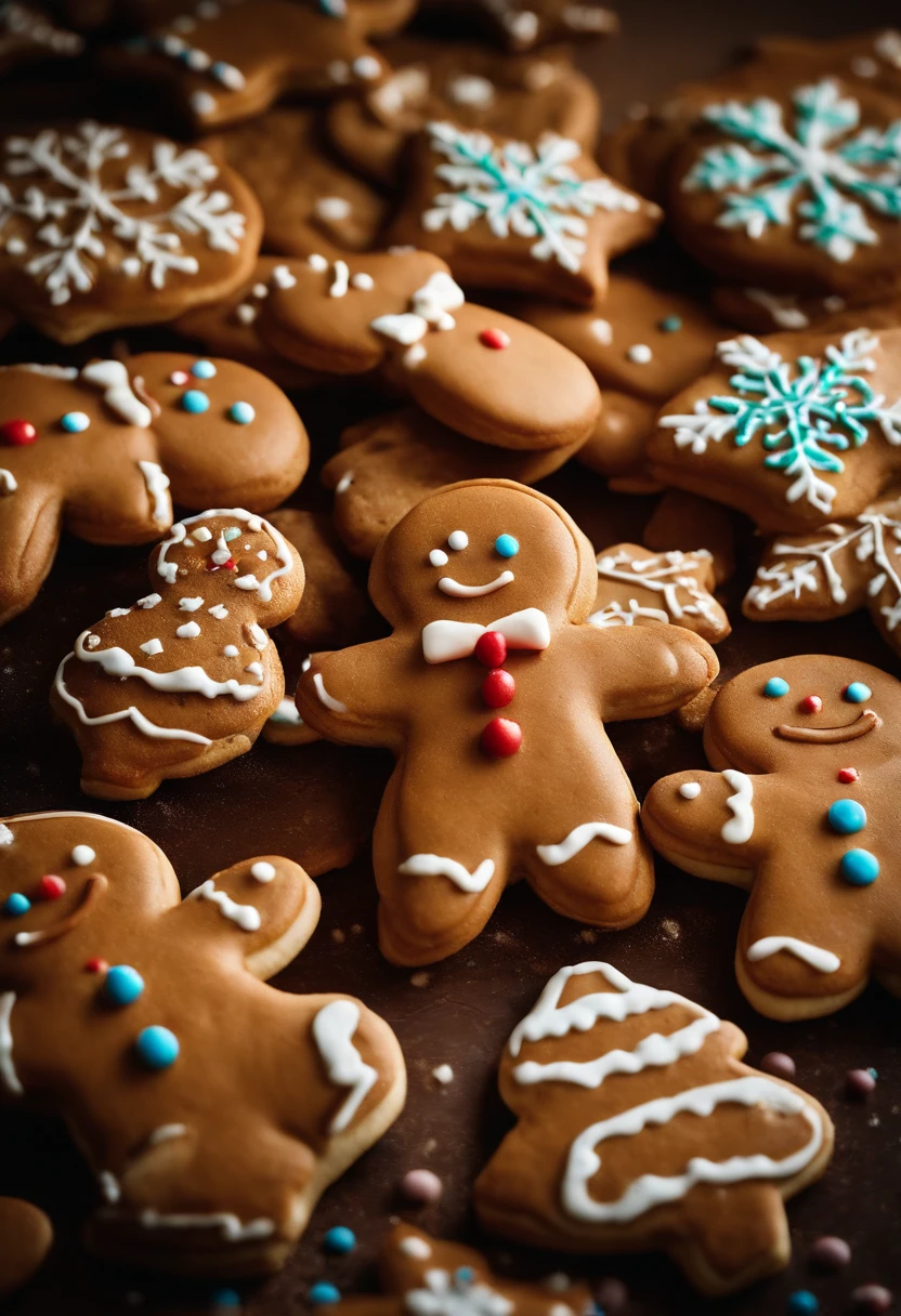A visually pleasing composition of a cute Christmas gingerbread man cookie surrounded by a variety of other holiday-themed cookies, showcasing a delicious and festive assortment, creating a visually tempting and delightful scene.