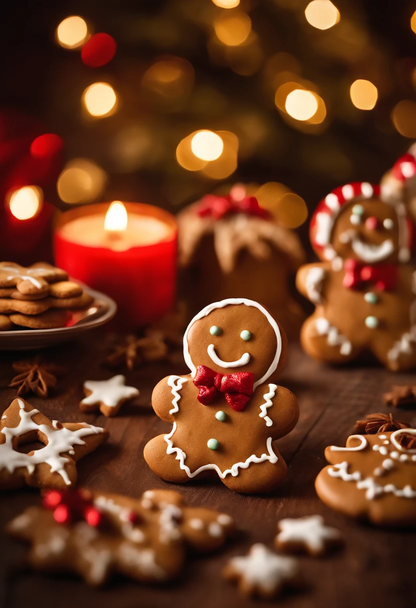 A visually pleasing composition of a cute Christmas gingerbread man cookie surrounded by a variety of other holiday-themed cookies, showcasing a delicious and festive assortment, creating a visually tempting and delightful scene.