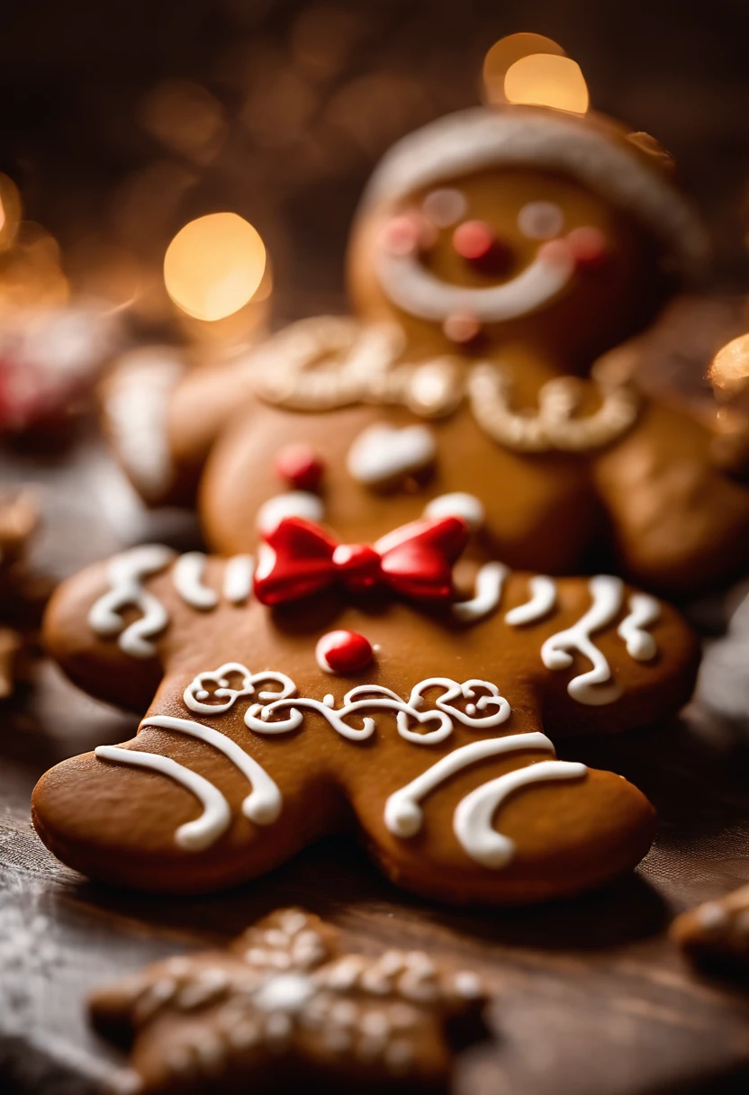 A close-up shot of a cute Christmas gingerbread man cookie’s icing details, showcasing the intricate patterns and designs, creating a visually intricate and artistic image.