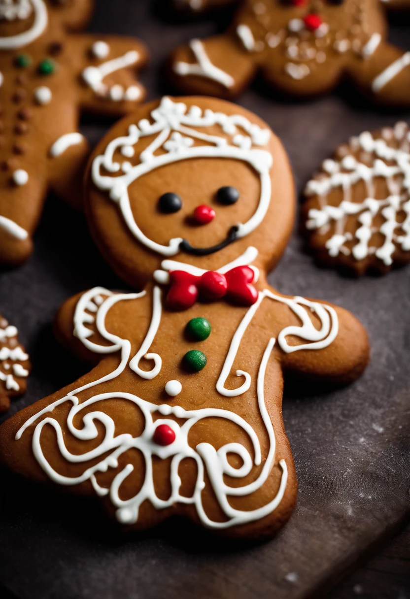 A close-up shot of a cute Christmas gingerbread man cookie’s icing details, showcasing the intricate patterns and designs, creating a visually intricate and artistic image.