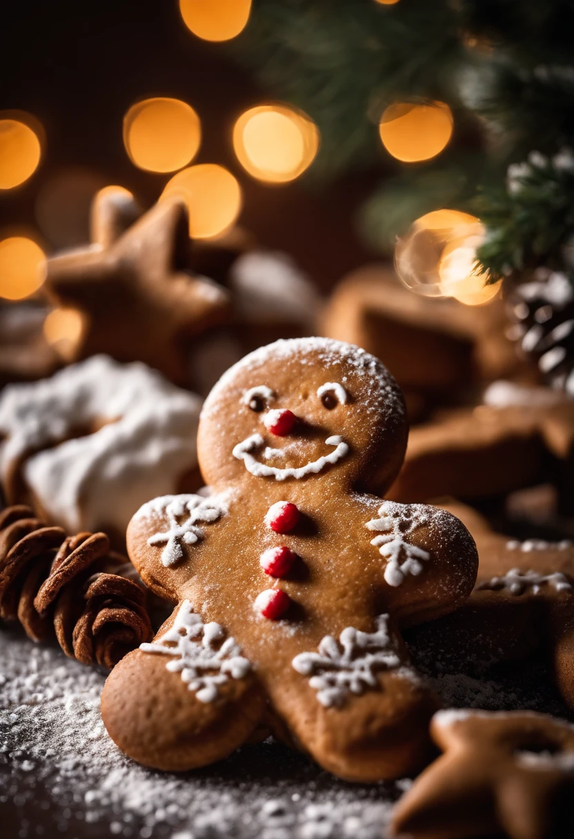 A high-resolution image of a cute Christmas gingerbread man cookie covered in a dusting of powdered sugar, creating a visually nostalgic and cozy scene.
