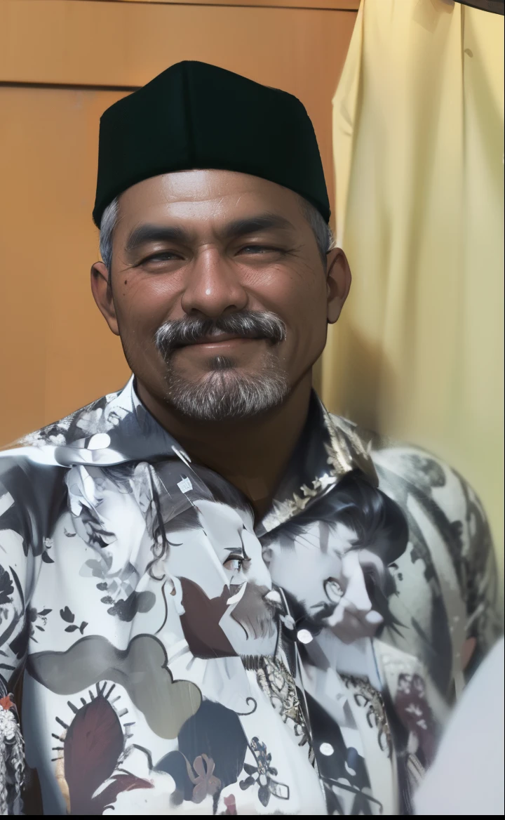 smiling man in a floral shirt and hat standing next to a man in a white shirt, ismail, lokah samastah sukhino bhavantu, ramil sunga, saadane afif, h. kyoht luterman, full protrait, raden saleh, inspired by Basuki Abdullah, protrait, mutahar laughing, portrait picture, White beard and mustache