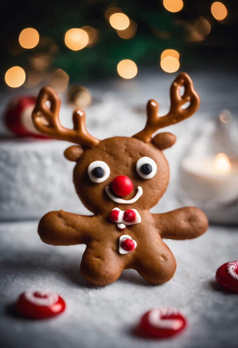 A visually stunning composition of a cute Christmas gingerbread man cookie dressed up as a reindeer with pretzel antlers and a red candy nose, creating a visually whimsical and imaginative scene.