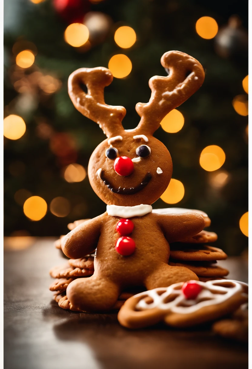 A visually stunning composition of a cute Christmas gingerbread man cookie dressed up as a reindeer with pretzel antlers and a red candy nose, creating a visually whimsical and imaginative scene.