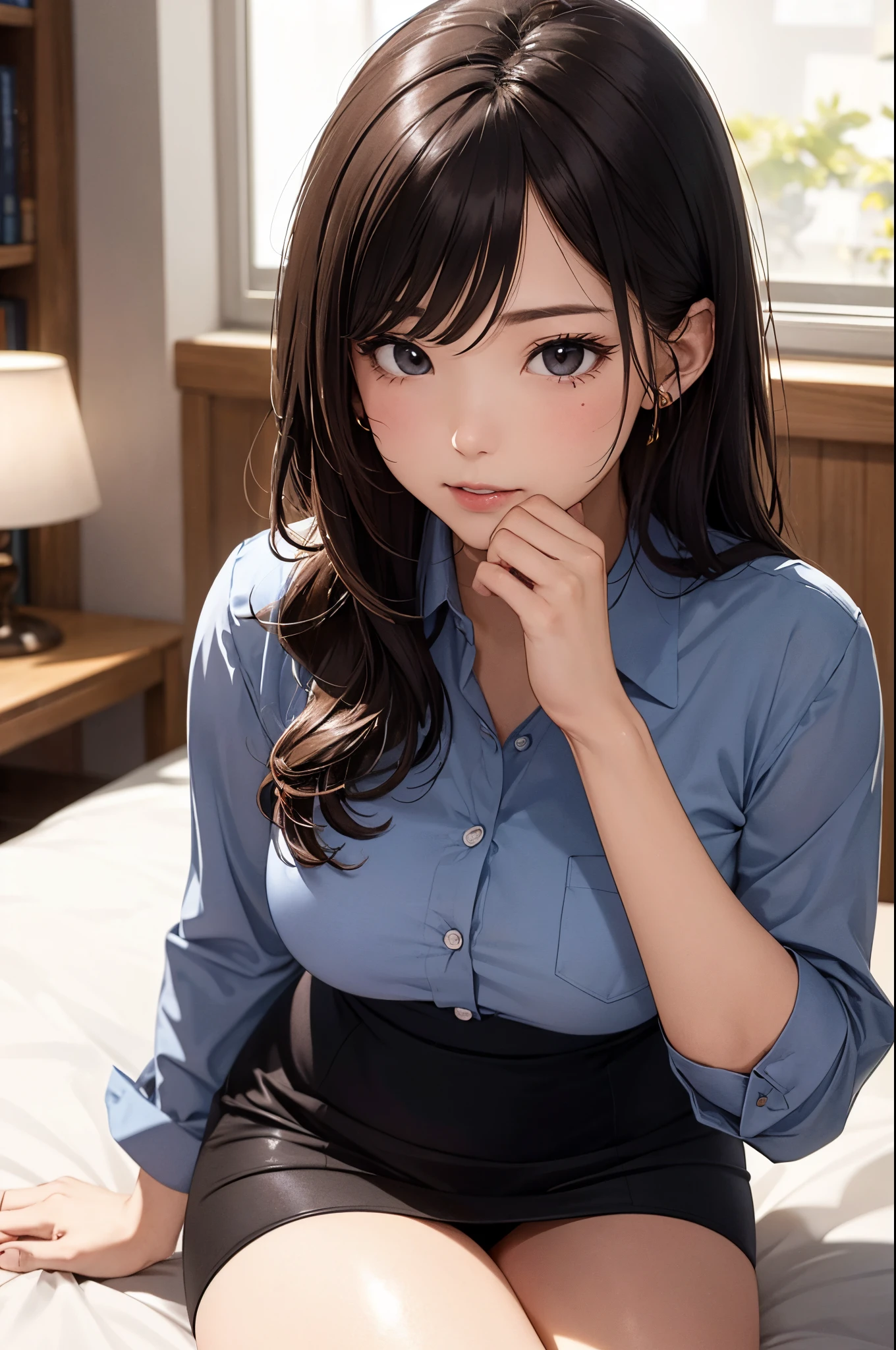 NSFW, A person's point of view, (On the table:1.3), Large breasts，A high resolution, ultra - detailed, Extremely detailed CG unity 8k wallpaper, actual, 真实感, RAW photogr, beautiful  detailed face, pale-skinned, Realistic shiny skin, Fine cloth texture, Detailed hair texture, perfect bodies, pretty  face, acurate, Anatomically correct, Highly Detailed Face and Skin Textur, natural neck length, (beautiful hand), (White skin of the:1.2), Thin leg, thin feet, The teeth are arranged neatly, 
BREAK BREAK BREAK, 
A detailed eye, symetric eye, light brown eyes, 二重まぶた, tthin eyebrows, (glossy lips:1.4), (drunk face:1.2), (Be red in the face:1.3),
BREAK BREAK BREAK, 
(Elegant and cute girl:1.3), (Wearing a light purple button-down shirt:1.2), (Wearing a navy blue long pencil skirt:1.2),  
mediuml breasts, (long slim figure:1.1), Tightens abs, Beautifulcollarbone, 
(dark gold hair, curlies, long whitr hair:1.2), ((asymmetricalbangs:1.2)), 
BREAK BREAK BREAK, 
(Sit side by side on the bed:1.1), ((Place your elbows on your knees、Gently lift your chin:1.3)), 
(In bed at night:1.2)),  (cow boy shot:1.2), looking at viewert, From the side Side,