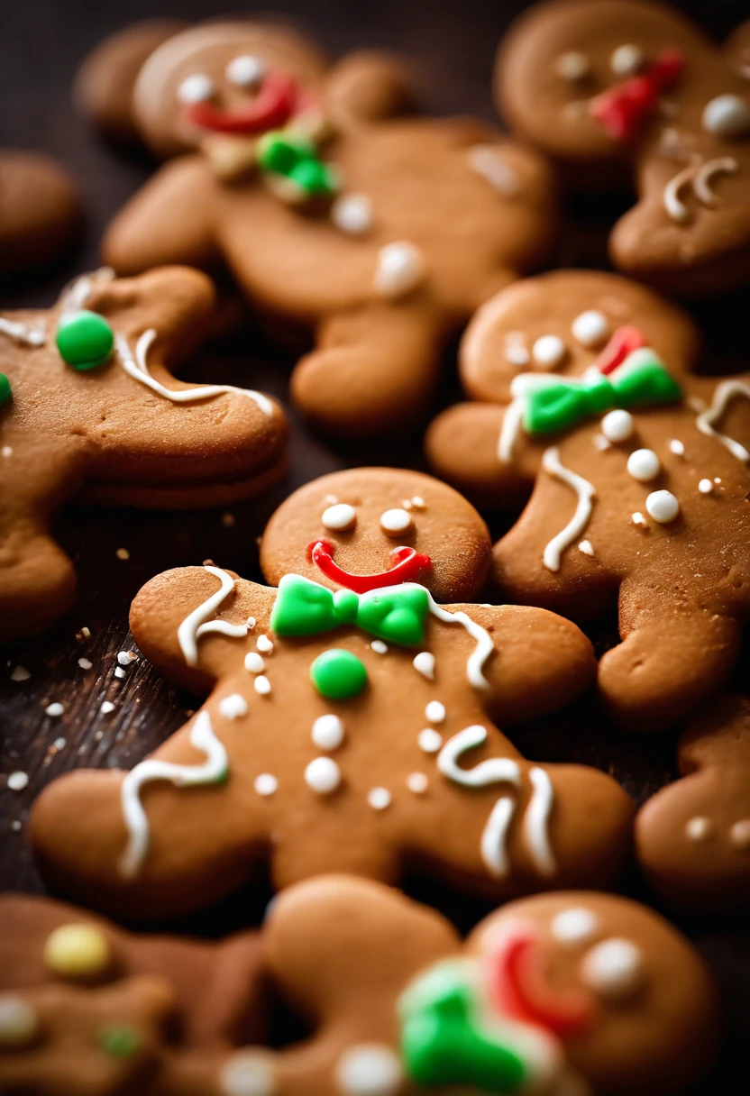 A close-up shot of a cute Christmas gingerbread man cookie’s icing buttons and smile, with a sprinkle of colored sugar, creating a visually sweet and endearing image.