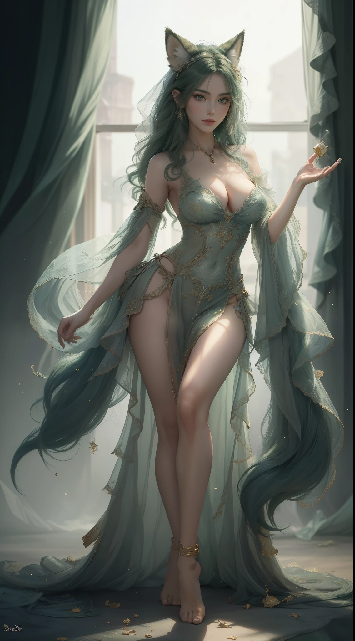 tmasterpiece,Highest image quality,Beautiful bust of noble fox dancer,Sophisticated green hairstyle for long hair,clear green eyes,(fox ear,furry tail),(veils),barefoot manicure,Ultra-detailed details,advanced。At the Pixiv Art Station,Break your own power,Luigi,Big breasts exposing cleavage,R-18G