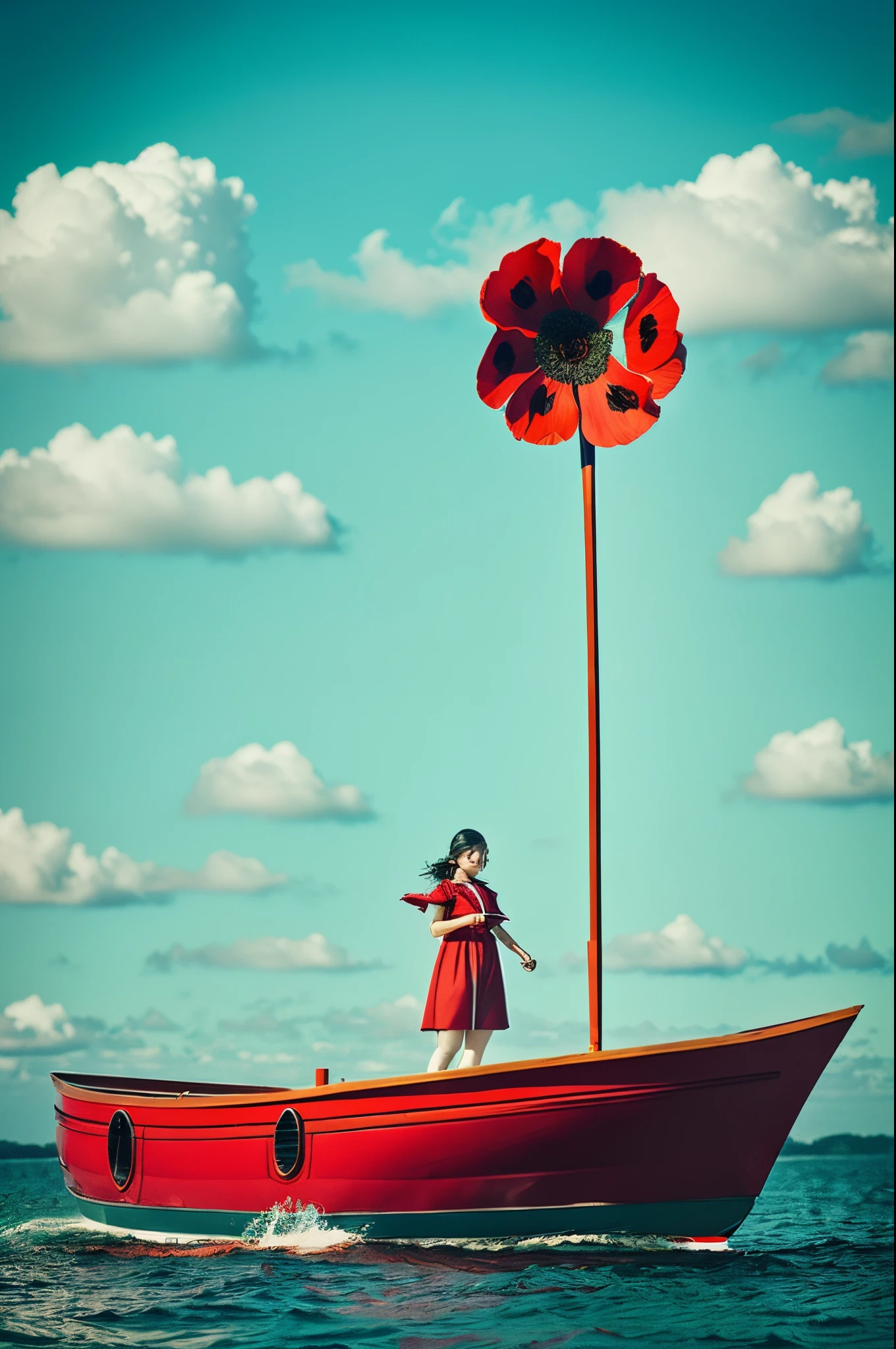 A woman sailing away in a red poppy shaped boat, fine details, capture the essense of nostalgia, high quality, vibrant, cinematic, conceptual art, photo