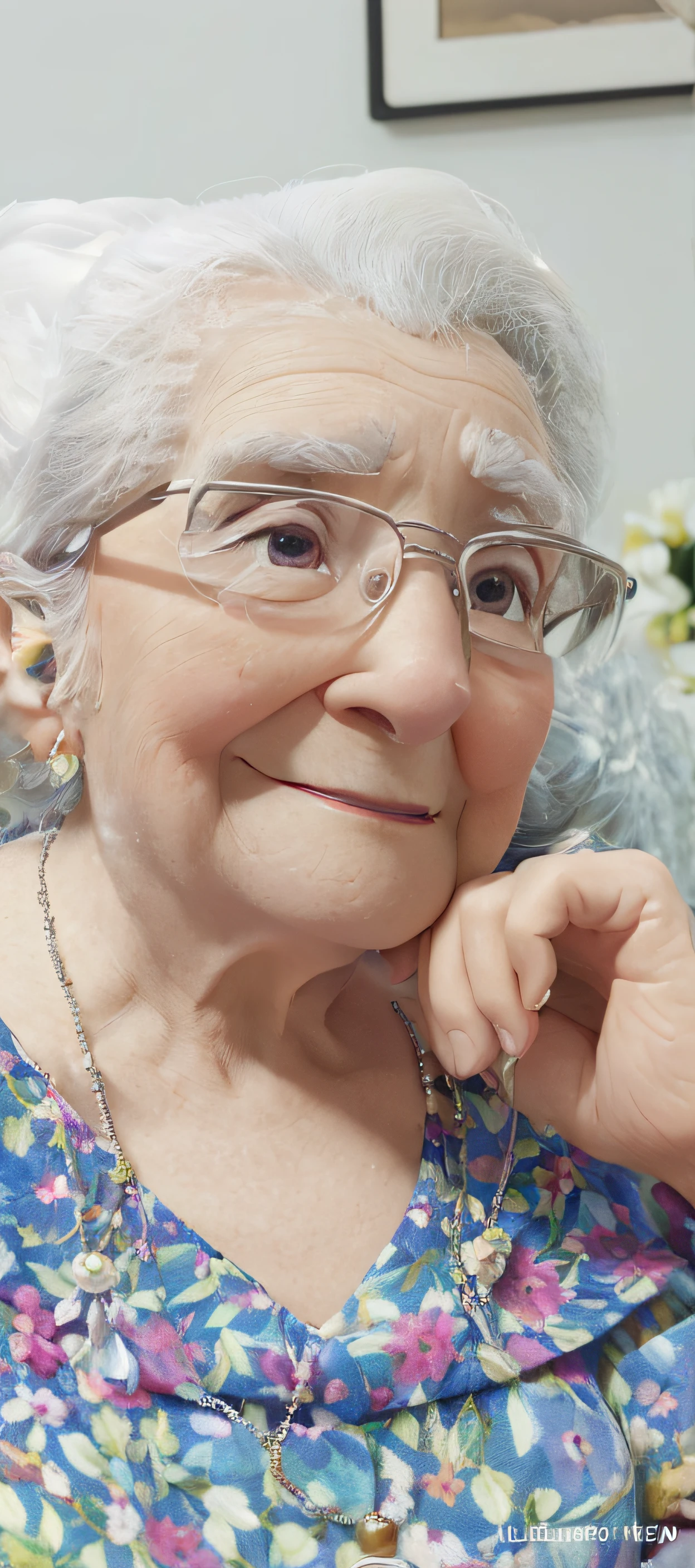 master part, best quality, 4k, Estilo Pixar, uma foto de perfil de uma senhora de 90 anos, gordura, wearing glasses, Cabelos brancos curtos, wearing earrings and pearl necklace. vestido florido.