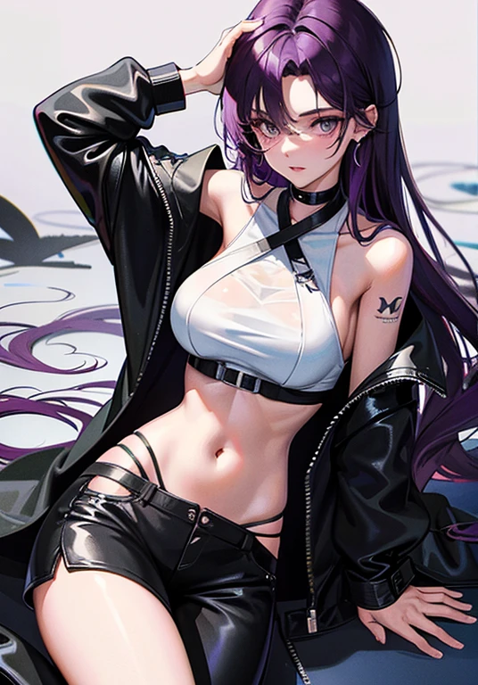 1girl, solo,black bodysuit,eyewear on head, navel, pants, purple eyes, rain, black pants, looking at viewer, bare shoulders, stomach, midriff, purple hair, parted lips, choker, off shoulder, black choker, tattoo, underwear, panties, sitting, black crop top, medium breasts, criss-cross halter, halterneck, shirt, white shirt, long hair, highleg, black panties,star-kafka,huge breasts,shiny,shiny skin,mature female