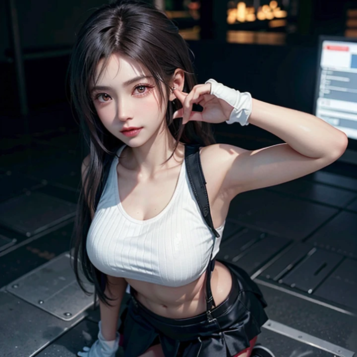 (Realistic: 1.4), highest quality, Very delicate and beautiful, High resolution, One girl, Tifa_Lockhart, smile, Cowboy Shot, suspenders, Low rise, mini skirt, Tank top, Tense shirt, Black Hair, Long Hair, Elbow hand pockets, Beautiful and detailed red eyes, Face Light, Cinema Lighting, belly button, High exposure, Exposed belly, rib, Abdominal muscles, ( Huge breasts: 1.2), Dynamic pose, Dynamic Angle,