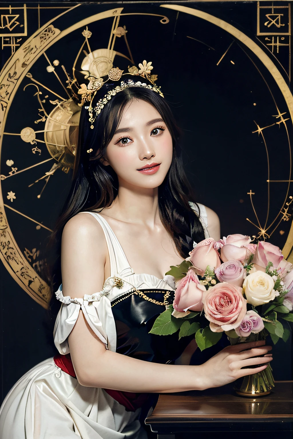 12 zodiac signs,quantum mechanics、Math、Astronomical machinery、astronault、Roses in a vase、fruits、,Colossal tits,A smile、Ancient Greek costumes、Paintings by Sandro Botticelli。Costume with stretched shoulders,huge smile,Chiaroscuro of Caravaggio,Cute smile, Expression of ecstasy,A sexy
