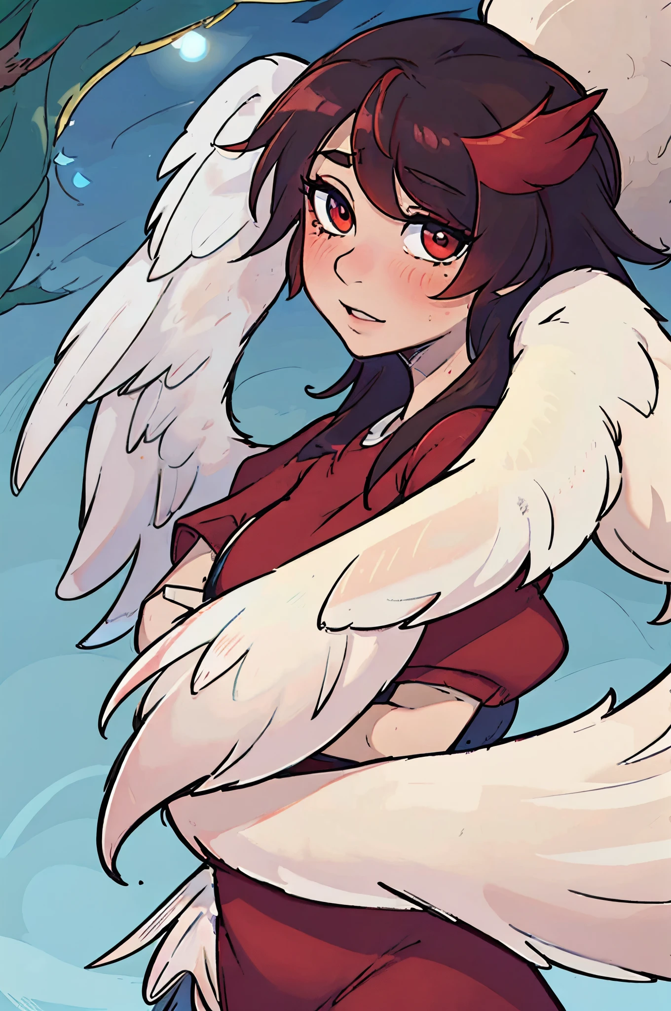 Best quality at best,ultra - detailed,actual,femele,chicken,Feathered wings,shining beak,bright red color,glowing light eyes,pointed tail,Fluffy feathers,Sunny garden background,plethora of colors,gentlesoftlighting,Estilo Retrato,closeup view,full bodyesbian,Red exquisite dress,golden hair