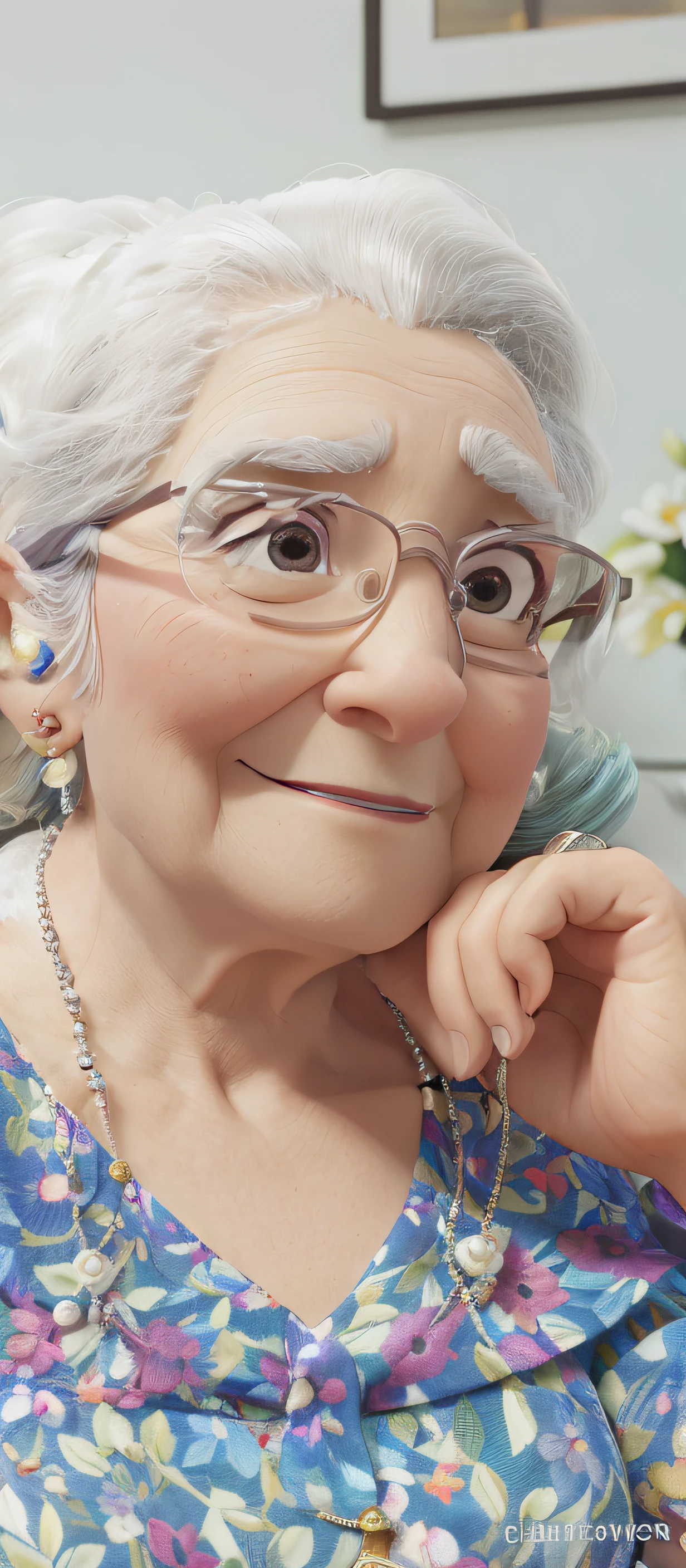 master part, best quality, 4k, Estilo Pixar, uma foto de perfil de uma senhora de 90 anos, gordura, wearing glasses, Cabelos brancos curtos, wearing earrings and pearl necklace. vestido florido.