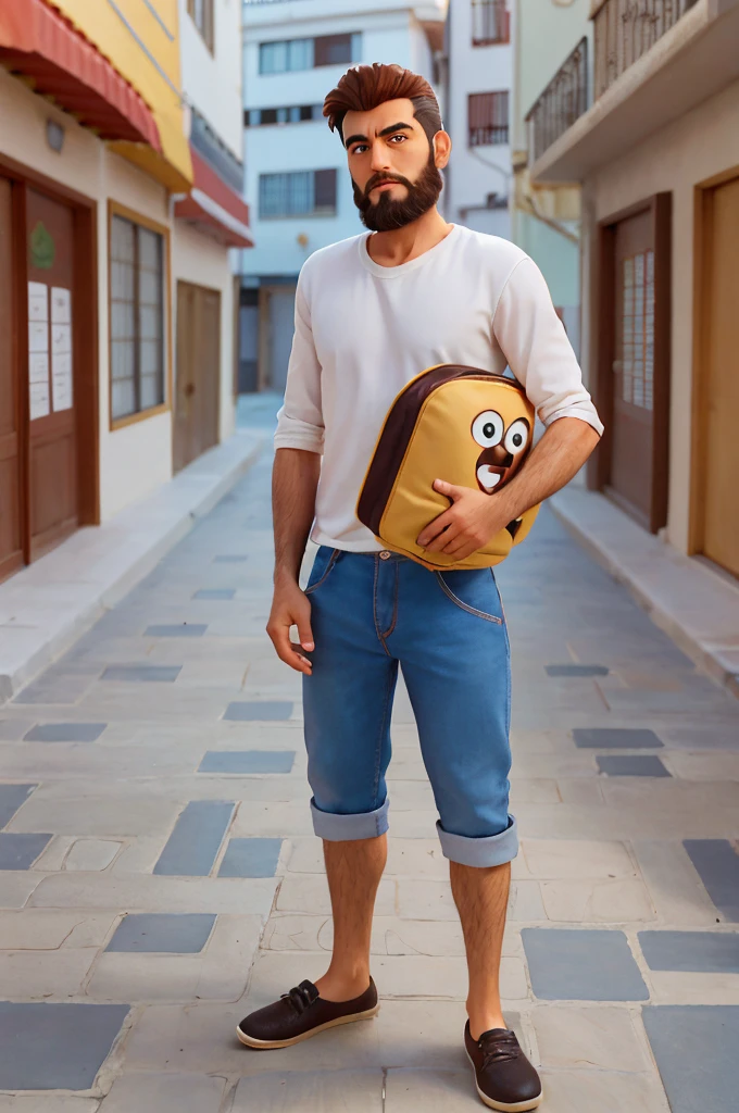 Homem, 25 anos, alto, cabelos pretos, barba preenchida, olhos azuis, black clothes, sapatos brancos, walking down the street holding a cup of coffee.