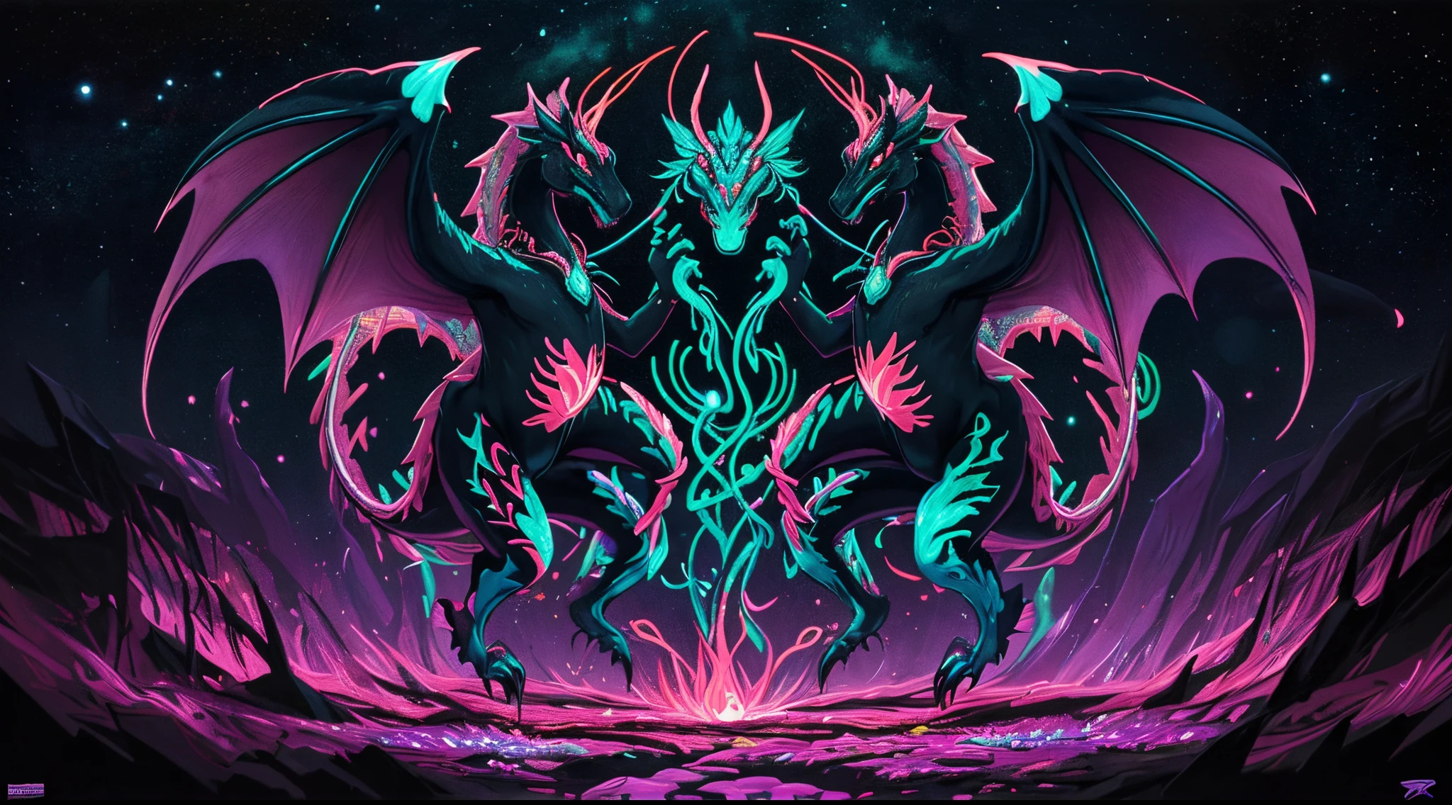 Intricate black light artwork featuring a cosmic dance of neon dragons intertwined with ethereal flowers, each scale and petal emitting a vibrant glow, creating a surreal and mesmerizing scene, Artwork, UV paint on canvas