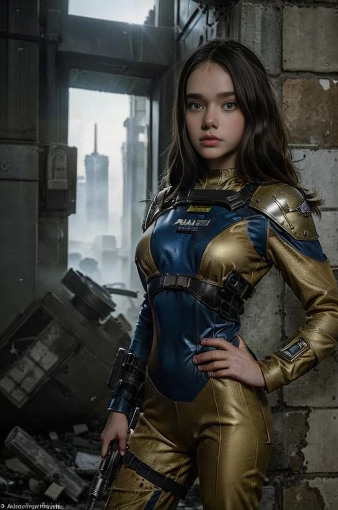  girl wearing (vaultsuit with pipboy3000 on wrist) standing in a ruined city, holding a large fallout weapon, giant slater fallout insect in background, professionally color graded, professional photography, well drawn, masterpiece, hyper realistic, ultra detailed, high quality, best quality, 4k, 8k, raw