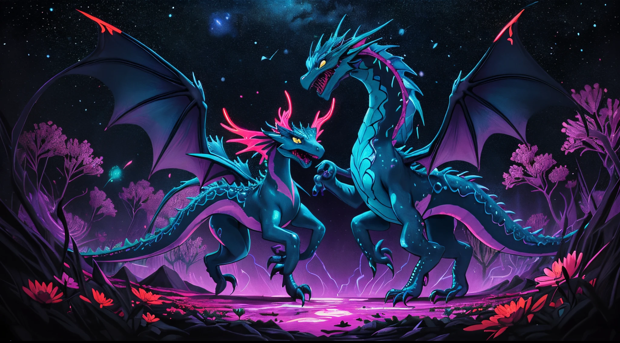 Intricate black light artwork featuring a cosmic dance of neon dragons intertwined with ethereal flowers, each scale and petal emitting a vibrant glow, creating a surreal and mesmerizing scene, Artwork, UV paint on canvas