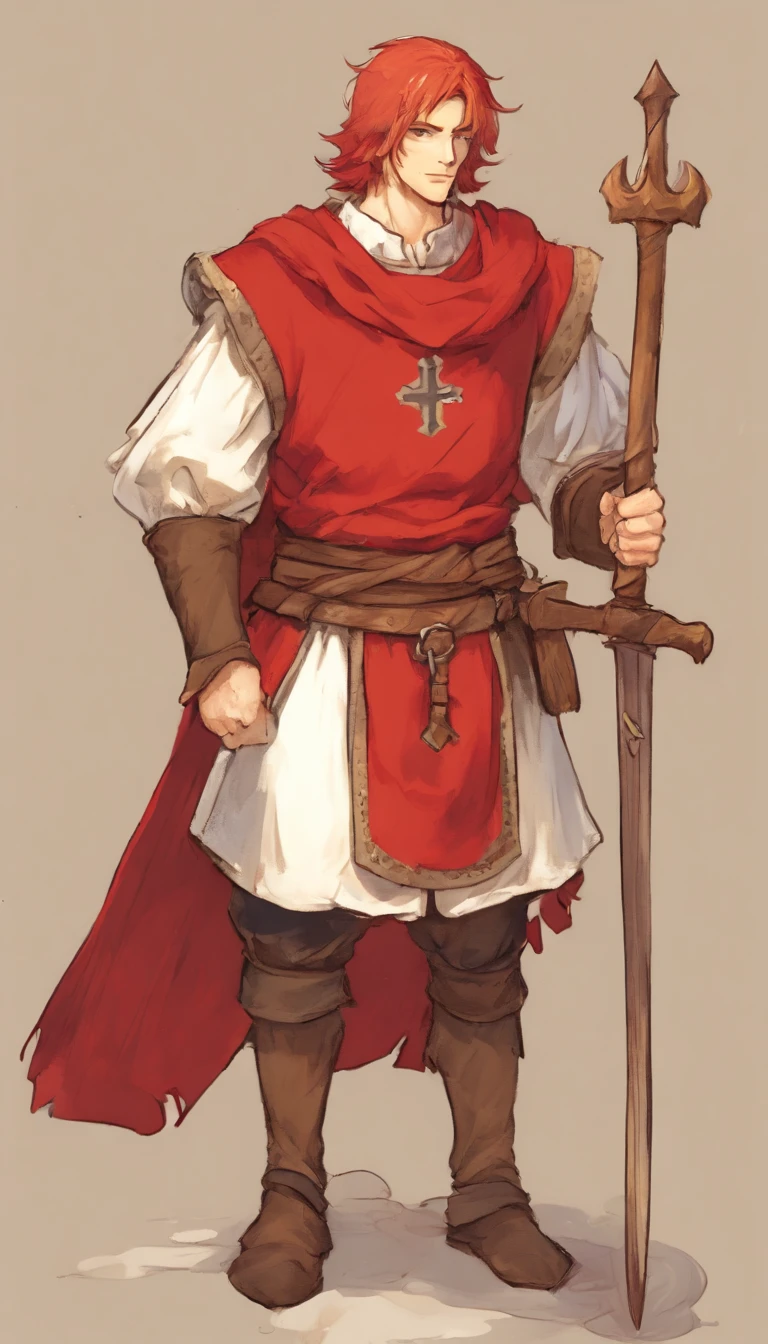 Exile Conan style, A knight (male people), Full body knight armor, 1kid, ((Slim body and muscular body: 1.5)), ((Medieval villager costumes: 1.9)), gallant, slightly sloppy clothes, Medieval style clothing, simple clothing, Humanity, Gentle boy, Young face, Skill pictures, Villager costumes, ((highly_Saturated red_the hair: 2)), (microcosm_'s_goodness: 1.5)), ((exceedingly_Handsome: 1.8)), (short_the hair: 1.7), ((Amazing and unique character_designs: 1.9))