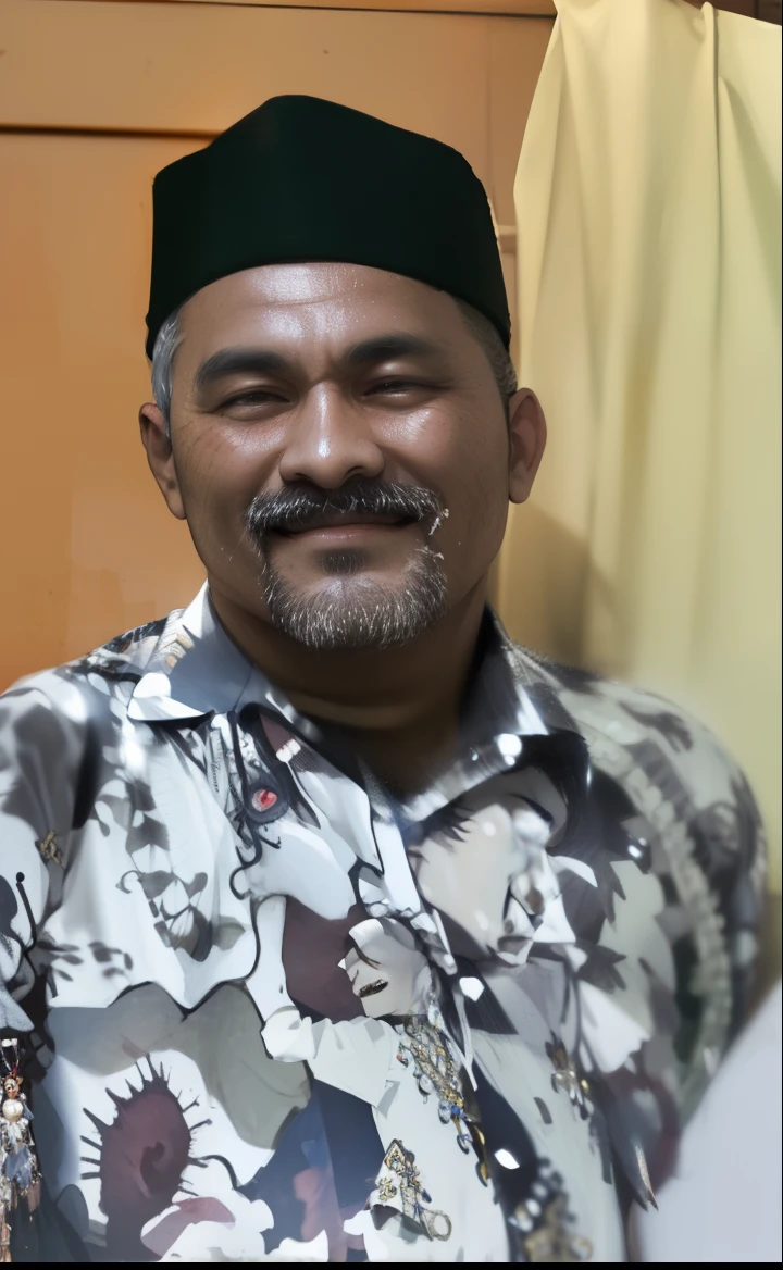 smiling man in a floral shirt and hat standing next to a man in a white shirt, ismail, lokah samastah sukhino bhavantu, ramil sunga, saadane afif, h. kyoht luterman, full protrait, raden saleh, inspired by Basuki Abdullah, protrait, mutahar laughing, portrait picture, White beard and mustache