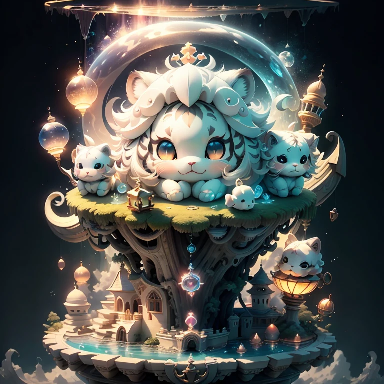 centered composition, symmetrical composition, a tiny and cute white tiger perched on a palace situated on a cloud-covered floating island that drifts through the sky, with a magical anchor keeping it grounded in an otherworldly location, at midnight. highly detailed, high quality, 4k, uhd