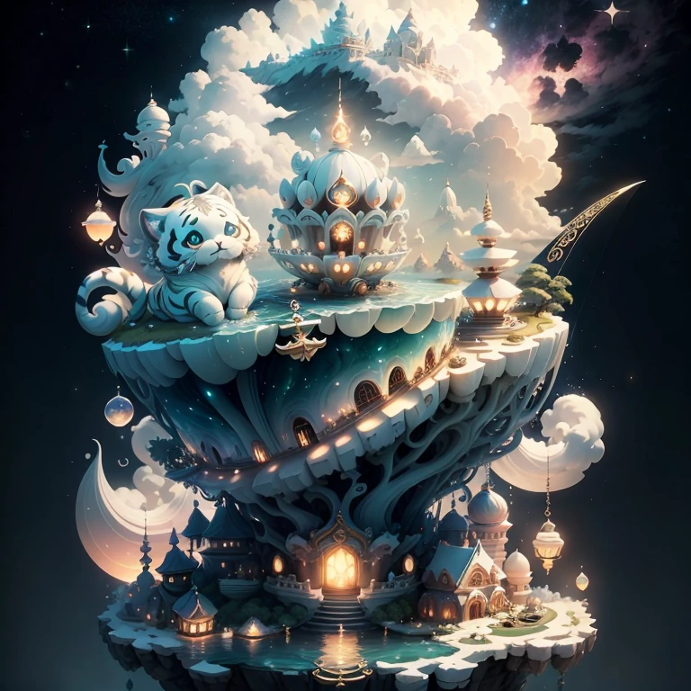 centered composition, symmetrical composition, a tiny and cute white tiger perched on a palace situated on a cloud-covered floating island that drifts through the sky, with a magical anchor keeping it grounded in an otherworldly location, at midnight. highly detailed, high quality, 4k, uhd