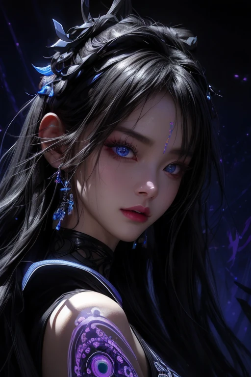 The content is very detailed, A high resolution, Best quality, tmasterpiece:1.2, actual, 詳細な目, detailed lips, Extremely detailed eyes and face, Long eyelashes, sporty attire, oil painted, Black light art, welcoming, dark particles, The halo, Bio-luminescence:0.95, A vibrant one, Colorful, black light, complex composition, Black light art, Complex, Symmetrical:0.5, Surreal.