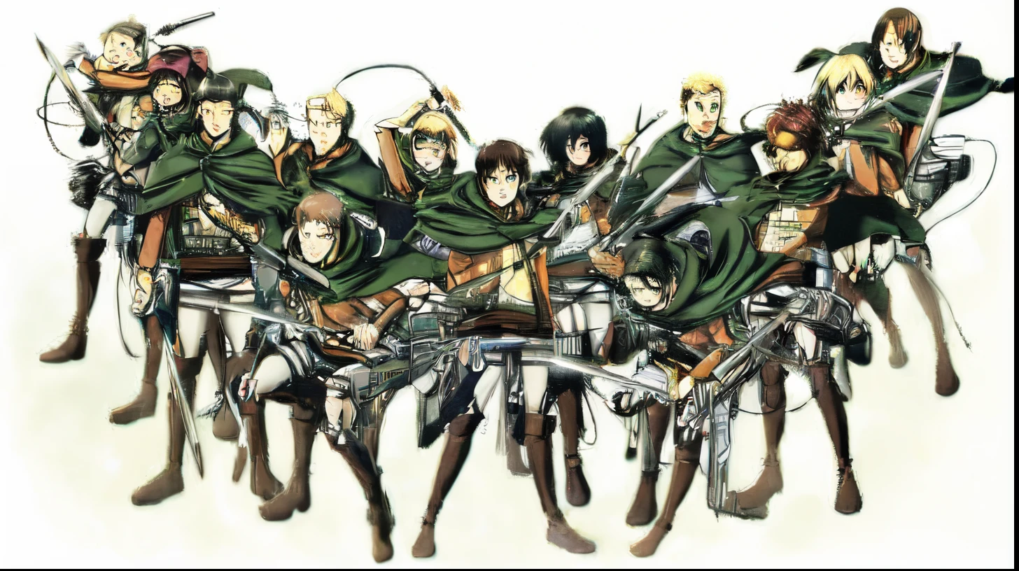 A group of people from attack on titan cover, dark green cape, brown boots, brownies blazer jacket, yellow shirt, white leggings, swords and a thing that make them fly when fighting a titan. From the left a bald guy holding two sword, next to his side a girl with a brown hair that holding a one sword, next to the brown hair girl is a guy with a black hair , next to his left of his back is a guy with a yellow hair in front of him a guy that same style as him but with a brown hair, besides the center a guy with a long yellow hair and at the center is the main character eren from attack on titan that has a dark Brown hair and holding one sword, at his left side a girl with a black short hair, in front of the girl with the black short hair is a guy bending that has a black hair, a guy with yellow hair at his a little left at the back, next to it is a girl with brown hair ad glasses, next to her is a girl with blonde hair and last isa a guy with a long dark Brown hair