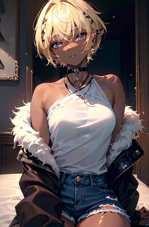 Top quality, incredibly beautiful, very delicate 8k wallpaper, Transcendently Beautiful Girl, looking_to_the_side, tongue_out, (masterpiece face, masterpiece eyes:1.5), (pixie cut hair:1.3), (blonde hair, short shaved sides, very short back, very short side, under cut, side cut:1.3), (long eyelashes, red lips), (deep skin, dark skin:1.5), bare_legs, choker, piercing, (jacket with white fur:1.1), half undress, tank top, denim shorts, Flat_Chest, Huge_breasts, wide_lower back, (five fingers, 4fingers and 1thumb), sitting, day, indoors, ruins, bloom,