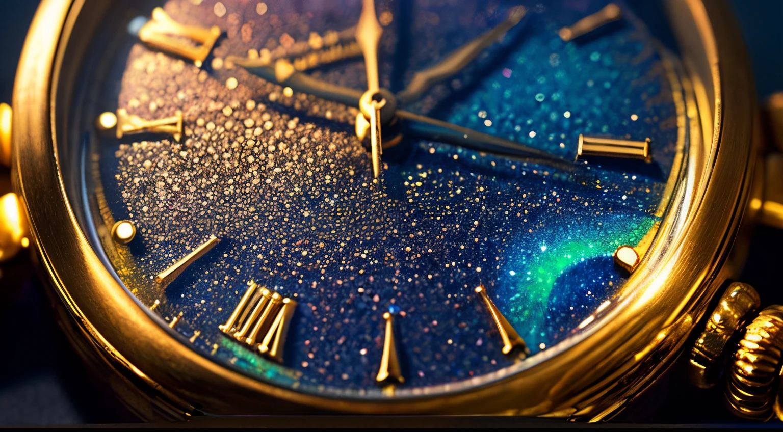 A mesmerizing composition featuring an antique pocket watch entwined with vibrant, faceted crystals, captured in a close-up shot using a macro lens to highlight intricate details. The medium is digital painting, bringing forth a blend of hyper-realism and surreal elements reminiscent of Salvador Dalí's dreamscapes. Employ warm, ethereal lighting to evoke a sense of mystery, casting subtle shadows that play on the textures of both the clock and crystals. Opt for a color palette inspired by the iridescence of oil spills, with deep blues, purples, and hints of gold. This artwork should emulate a sense of timelessness, echoing the juxtaposition between the mechanical precision of the clock and the organic allure of the crystals.