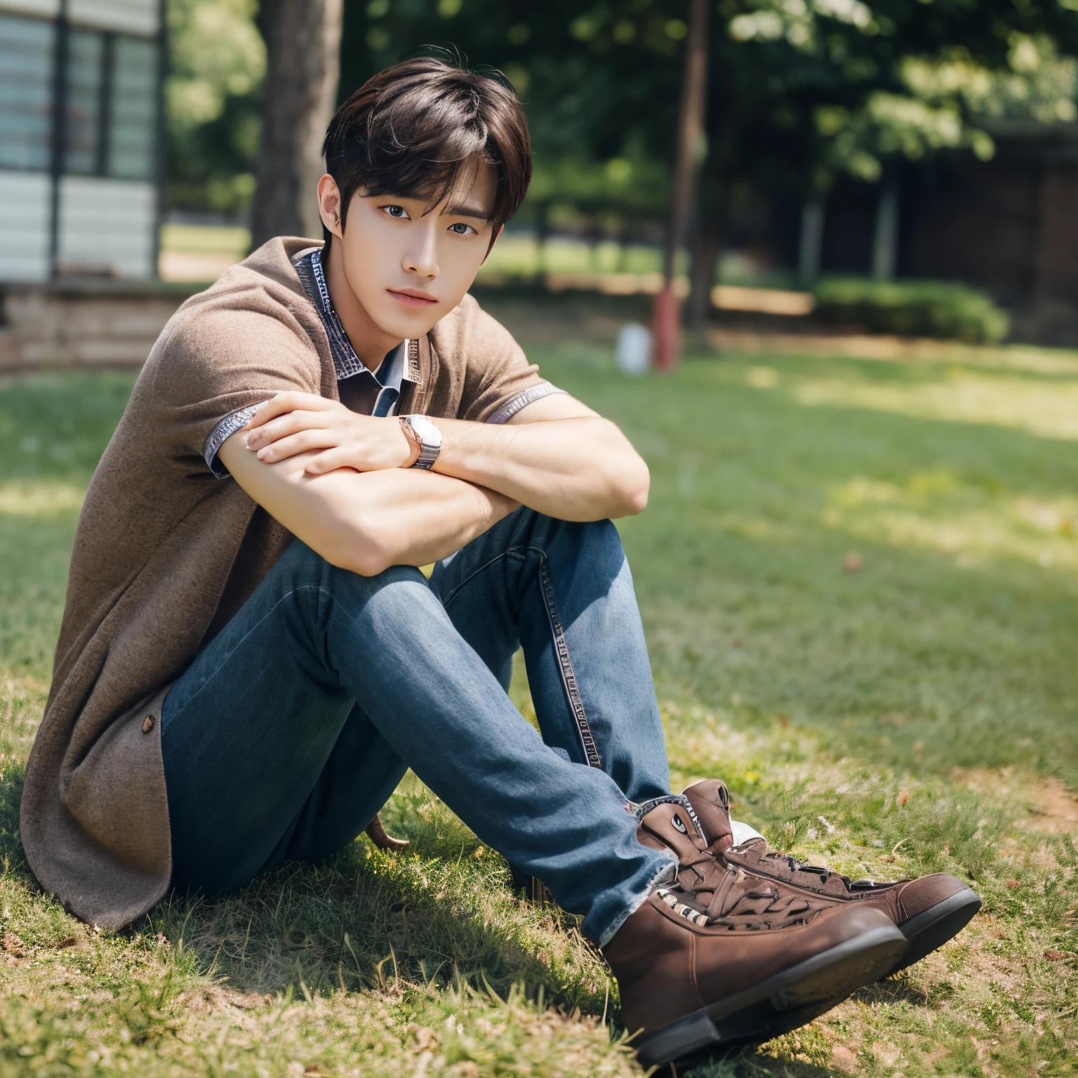 A handsome man sitting on the ground