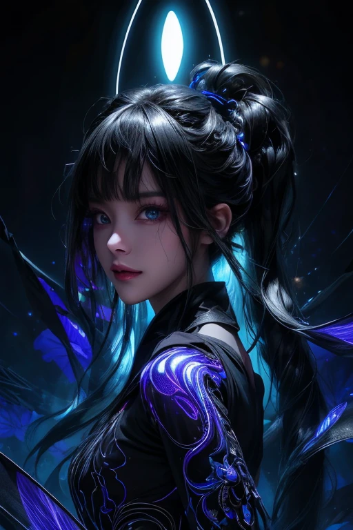 The content is very detailed, A high resolution, Best quality at best, tmasterpiece:1.2, actual, 詳細な目, 詳細な唇, Extremely detailed eyes and face, Long eyelashes, sporty attire, oil painted, (((Black light art))), welcoming, dark particles, The halo, Bio-luminescence:0.95, a vibrant one, Colorful, rays of black light, complex composition, Black light art, Complex, Symmetrical:0.5, Surreal.