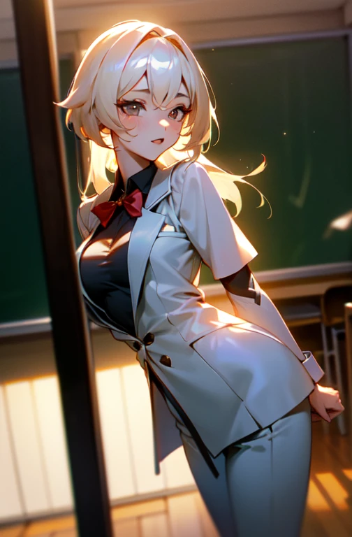 25 year old korean woman,, ((in the classroom)), ((school uniform)), RAW photo, (photorealistic:1.37, realistic), highly detailed CG integrated 8K wallpapers, 1girl, ((perfect body:1.1)), (medium breasts:1.2), viewer view, (((straight from front))), (HQ skin:1.2, shiny skin), 8K UHD, DSLR, Soft Lighting, High Quality, Film Grain, Fujifilm XT3, ((Full Body:0.8)), (Professional Lighting:1.4) ,Sexy, Demanding Smile,Yaran,Genshin Impact