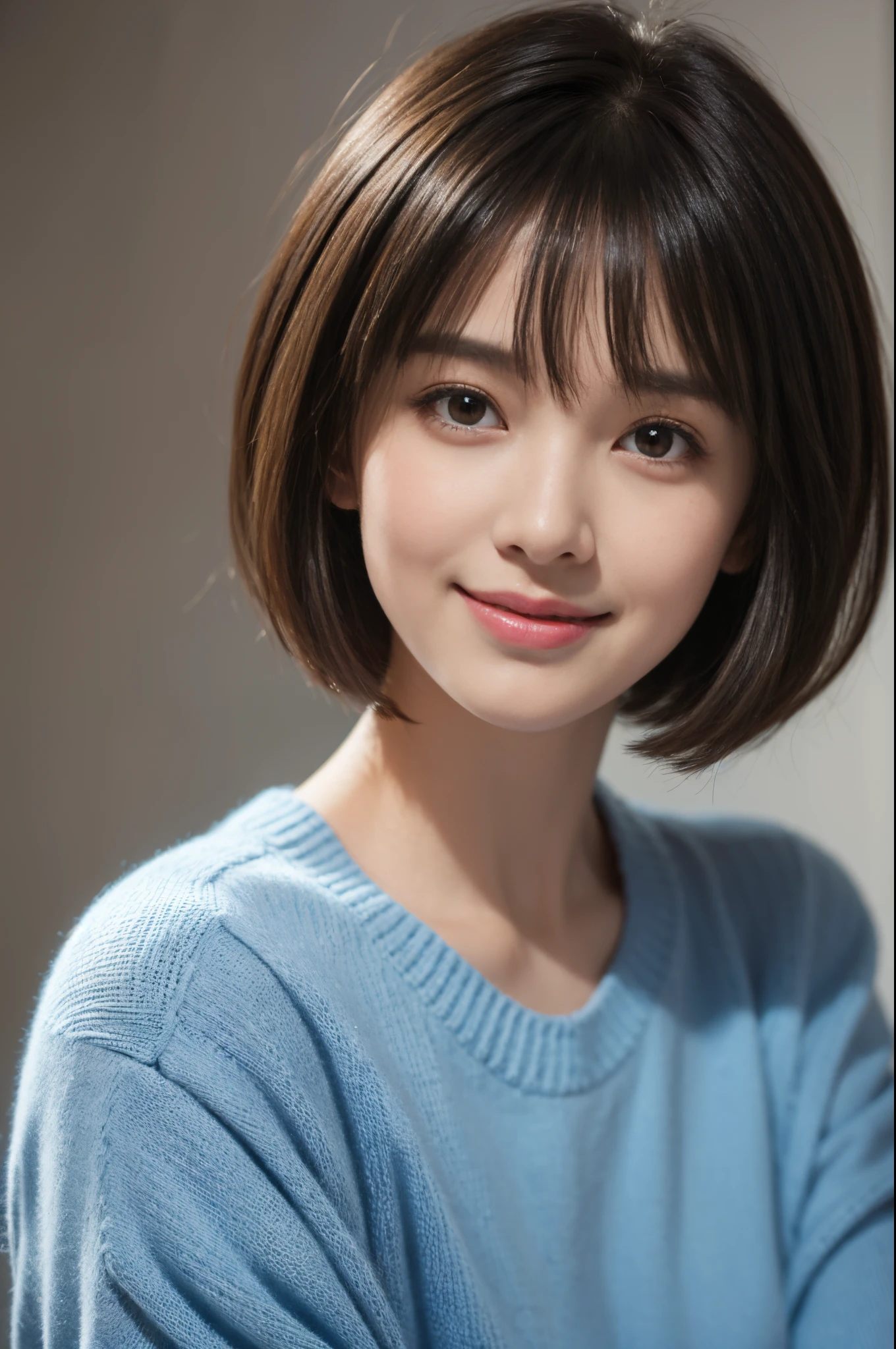 A happy smile looking at this、summer short hair and blue sweater, , short detailed hair, Qi Bangs Short Hair, Cute face girl, Portrait cute beautiful face, French Bob, With fair skin!!, short brown hair and large eyes, soft portrait taken 8 K, Beautiful bright big eyes, Beautiful young girl, young girl with bob hairstyle, The highest image quality, tmasterpiece,