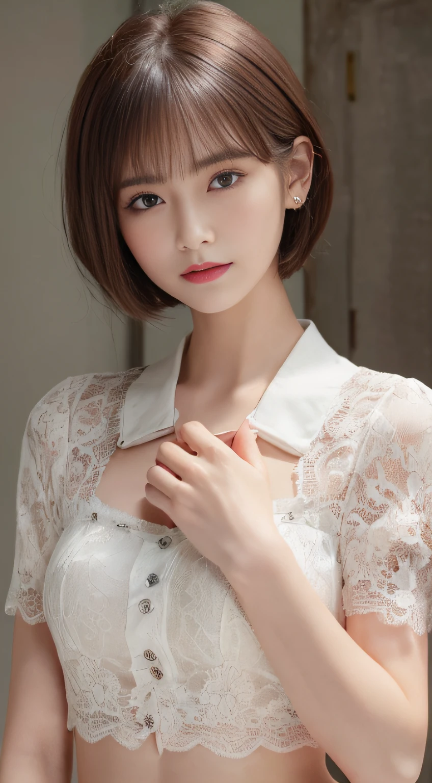 ((top-quality、8K、​masterpiece:1.3))、女の子1人、Beautiful woman with slender abs:1.3、(Medium short hair、爆乳:1.2)、Lace Shirt:1.1、hyperdetailed face、A detailed eye、Double eyelid hands on face