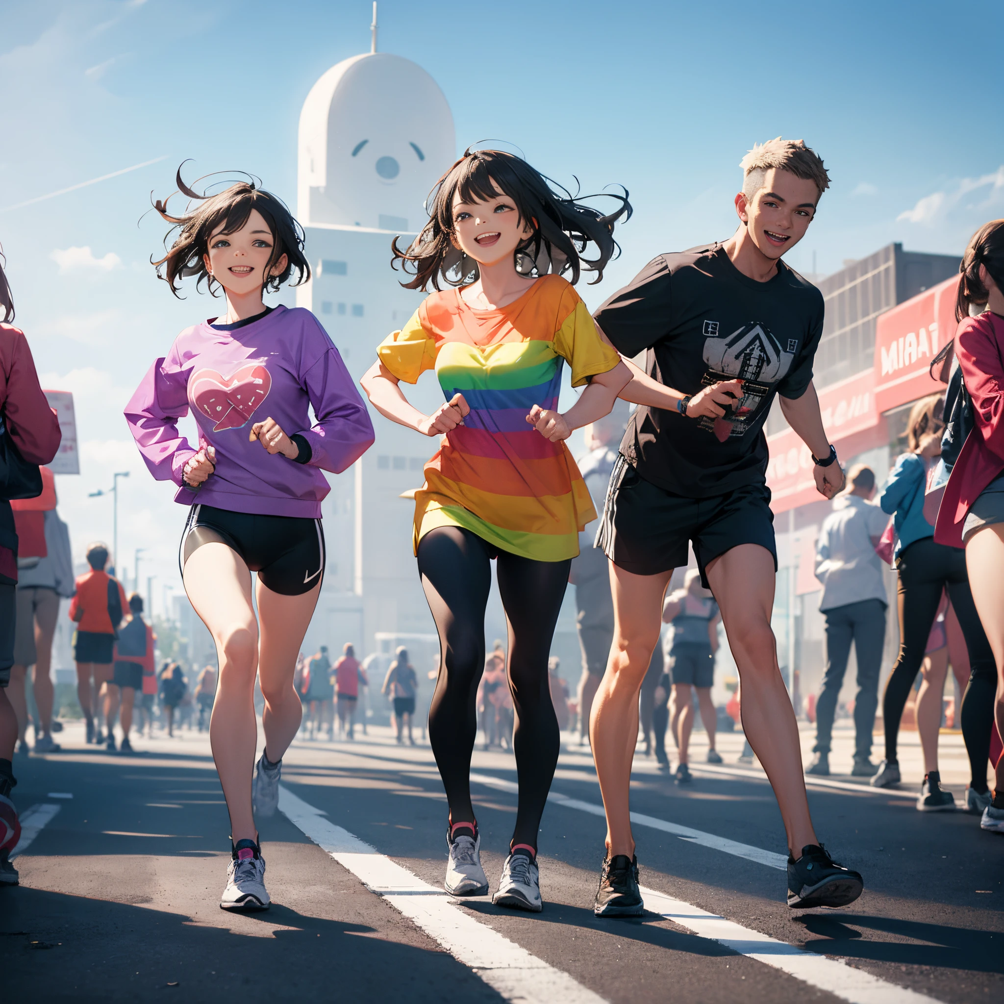 People in rainbow shirts running from a giant smiling emoji