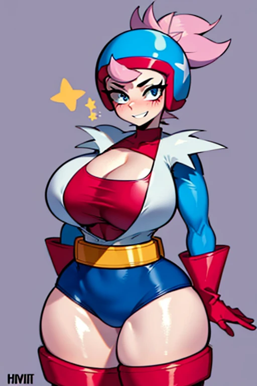 (masterpiece, best quality:1.2), 1girl, solo, janet, pink hair, ponytail, long hair, helmet, red gloves, blue leotard, star (symbol) , thigh boots , cleavage, belt, red footwear, shirt, long sleeves, ponytail, full body, (detail eyes:1.1), blue eyes, gigantic breast, thick thighs, standing, smile, teeth, looking at viewer, In the room, blushes
