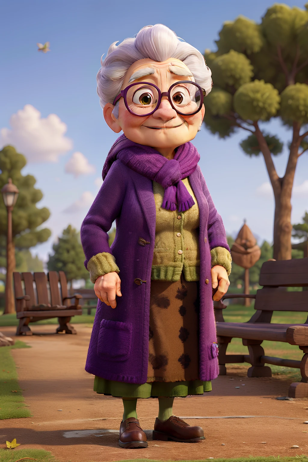 masterpiece, best quality, an old woman with glasses and a scarf on, wearing a purple coat and green scarf, standing at the park