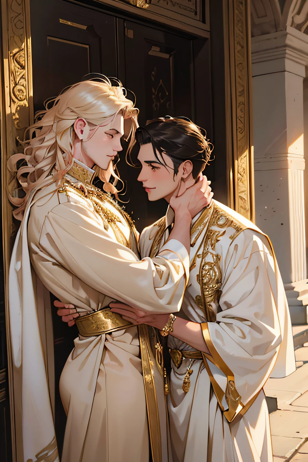 a charming two male in love, male gay couple, the ancient city of Pompeii. One, with golden, long, curly hair, donned in opulent white traditional attire. the other, with short, black, curly hair, reflecting a humble background, Perfect face, perfect body, cinematic, 4k. emotional