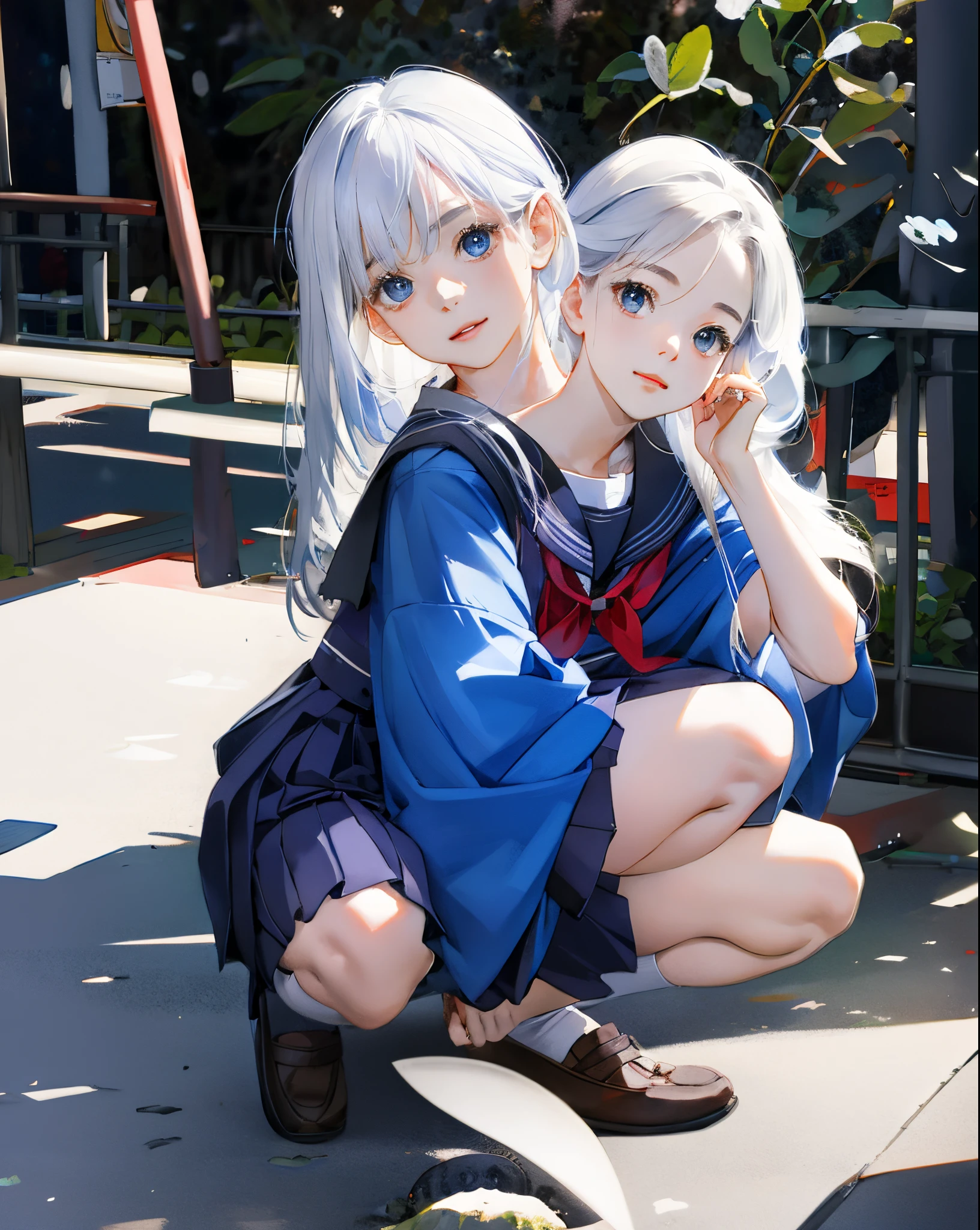 Anime shoujo,blue color eyes,White hair and white socks,High school student uniform,Super cute anime double ponytailed female high school student image。Onimai-mahiro style