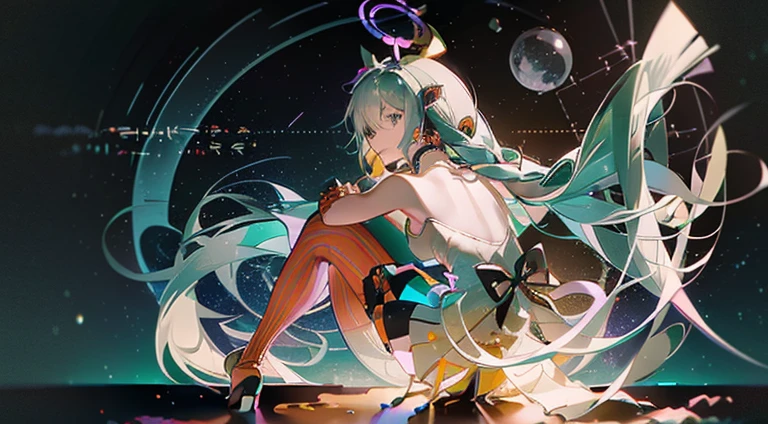 hatsune miku,(Masterpiece:1.2, hiquality), (pixiv:1.4),voluminous lighting,
back light,night time, hatsune(Outstanding picture quality),(The work of the wizard),(ultra-detailliert),(Detailed Eye Image:1.0),(lens flares:1.0),(Cinematic poster:1.0),(The Border of the Tarot:1.0),Character Center,( blueprint:1.0),(negative space:0.8),( space:1.6),(独奏),(colourful{the wind| Water||crystalline|icy|firey|Loimu|zipper|grid|Boulders|gravel|particle|glistering|bloods}:1.0),(Lots of colorful{ bubbles||spikes|grape |electricity|spiral|Halo|CUBE|octahedron}:1.0),(Planktonic{reddish|verdant|green grass|water|violet|Yellow|black|A white|Gray|pink there|orange|lime} {bow ribbon|particle|EDH|drops|snowflake|softball}:1.0),({crystalline|icy|firey|Loimu|the wind|water|planet earth|stony|Space|musical|sound|Twists} {Magic}:1.0), ({ray traced,schadenfreude|Dappled sun rays,Rays of the disease,caustics|Mystic,eldritch|Carefree,pastels}:1.2), ({Colorful|Iridescent color|Multicolored}:1.0),(Beautiful detailed graphics:1.0),({slouched|seen from behind|tilted to the side|}:1.2),{ (ssmile:1.0)|(smirk:1.0)|(Grim expression:1.0)},({has a small|has a small||s lips、Lashes}:1.0),{grinning evily|:1.2},({Lashes|eyeshadows||}),{close one eye|||},({Red|Green|Blue|Aqua|Purple|Yellow|black|White|Gray|Orange|lime} Hair:1.4 ),({short|Long} ),({From Bottom|From directly above|from side|From the rear|Front viewer}:1.3),(aura:1.3),(tilt of head:1.0),(Dynamic poses:1.1),(asymmetrical hair:1.2),({reddish|verdant|green grass|water|violet|Yellow|black|A white|Gray|pink there|orange|lime} ,({formal|Military|Technical wear and tear|urban style|casual,dresses casually|Fantasy,magician|wild,tribal|science-fiction,,watch,time,}),({Plaid skirts|layered skirts|fluffy dressgoth|Pants|short pants}),({reddish|